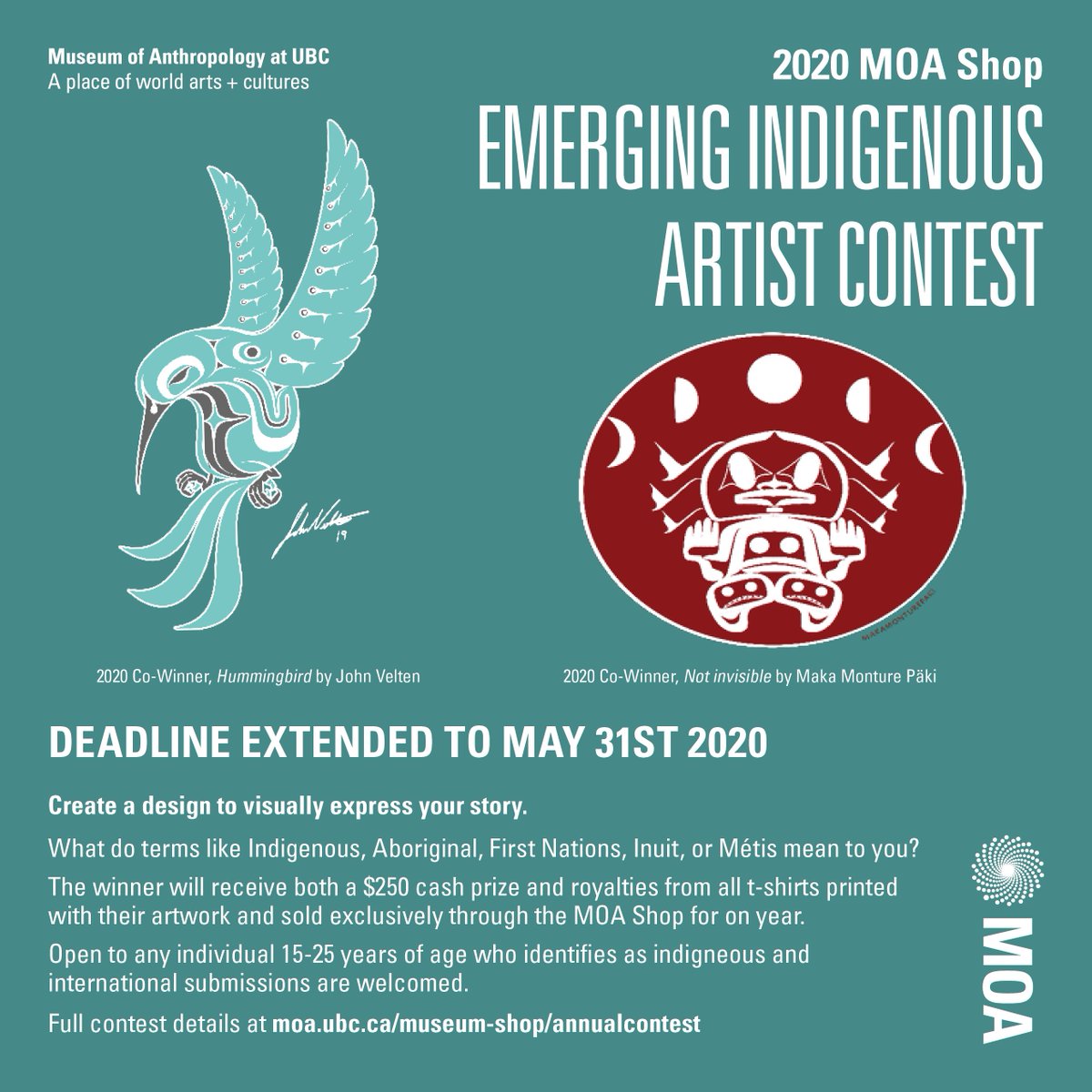 MOA_UBC's tweet photo. In light of Covid-19, the MOA Shop has decided to extend the deadline for the Emerging Indigenous Artist Contest from April 30th to May 31st! We look forward to seeing all of your incredible designs and hope you are all staying safe.  https://t.co/KuFchviDib #MOAFromHome https://t.co/QN1wVHoICf