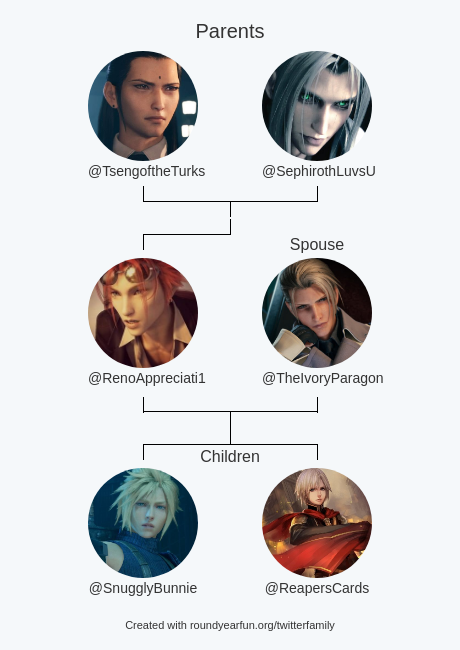 RenoAppreciati1's tweet photo. My Twitter Family:
Parents: @TsengoftheTurks @SephirothLuvsU
Spouse: @TheIvoryParagon
Children: @SnugglyBunnie @ReapersCards

via https://t.co/qA5K6JYzgy

⠀ https://t.co/nBHkXtcfdW