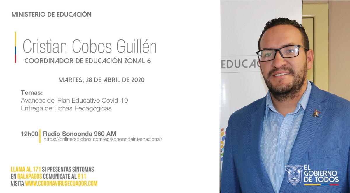 EducacionZ6_Ec's tweet photo. MAÑANA| Sigue la agenda de medios del Coordinador de Educación Zonal 6 @ccobosguillen informará sobre los avances del #PLanEducativo #COVID19. https://t.co/GTA81XbqKm