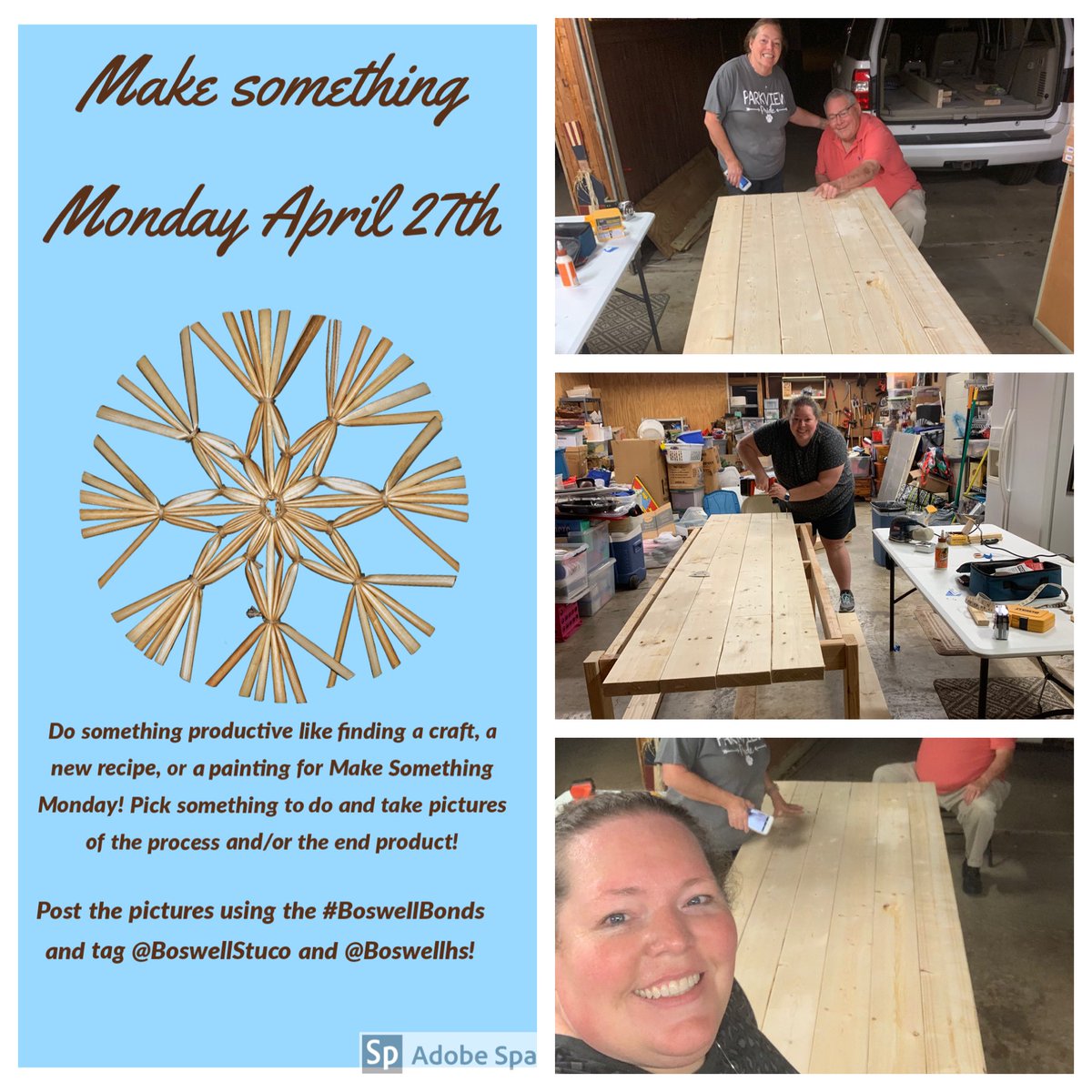 Today is a Make Something Monday! We made a farmhouse table to gather with friends when we are able to again! Dad was the Contractor, Mom was a worker bee, &amp; I was the Engineer! It took 2 hr <a href="/HomeDepot/">The Home Depot</a> &amp; 3.5 hrs to build, but we did it! #BoswellBonds <a href="/boswellhs/">Boswell High School</a> <a href="/BoswellStuco/">Boswell Student Council</a>