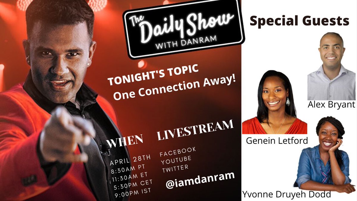 Official_AlexB_'s tweet photo. I am humbled to join @GeneinLetford &amp; @EviD for The Daily Show with @IamDanRam’s livestream on the topic of connections at 10:30am U.S. CST! Join the convo in real time with us: https://t.co/C9fscLYeRZ 😃 https://t.co/WonE40agsR