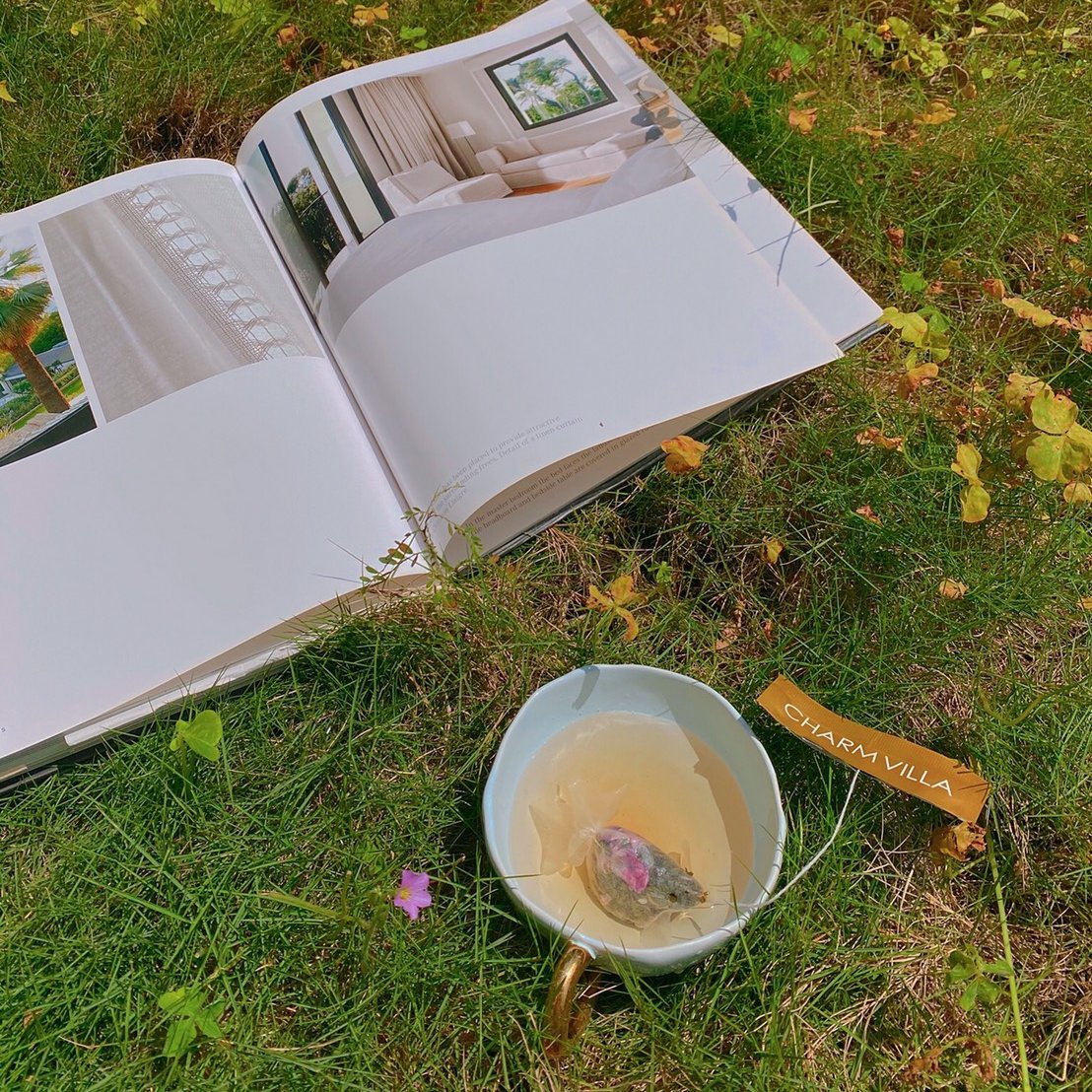 日差しにそよ風、
本一冊にお茶一服。

自由を、そして安らかなひと時を心へ。

#charmvilla
#金魚ちゃんティーバッグ
#attackfromtaiwan