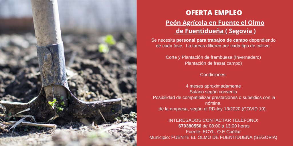 Empleo Castilla Y Leon Ecyl Oferta Empleo Peon Agricola En Fuente El Olmo De Fuentiduena Segovia T Co Fcr8wle5rf Empleoecyl Quedateencasa Segovia Empleosegovia T Co Vrrblsqtq7
