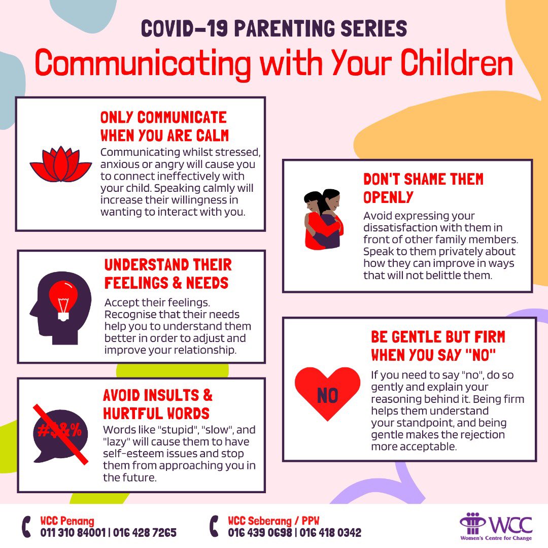 WCCPenang's tweet photo. Introducing the second poster in WCC's Covid-19 parenting series created by our skilled counsellors. This one focuses on communicating with your children.
#WCCIsHereToHelp #StaySafe #SihatDiRumah #Covid19 https://t.co/7Bs5aertXM