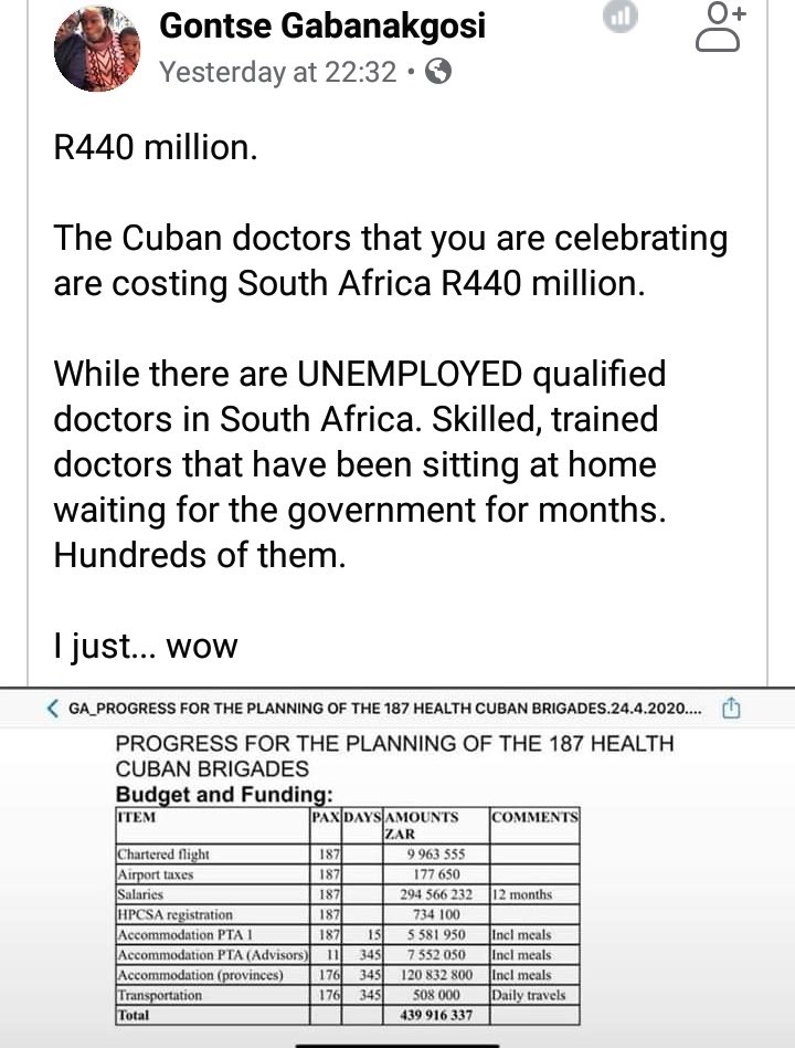 KgaugeloMosuwe's tweet photo. Is this true? Cuban doctors are costing SA R440 million #CubainSA #COVID https://t.co/lMCviMflbv