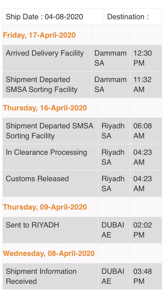 FrancThoughts's tweet photo. Hello, @smsacare 
I ordered got shipped on the 8th of April, and it’s still hasn’t delivered.
My order hasn’t moved and stayed at the Dammam delivery facility since the 17th of this month, and I’m starting to worry that my order is not going to be delivered to me anytime soon. https://t.co/d2vbHsKyCs