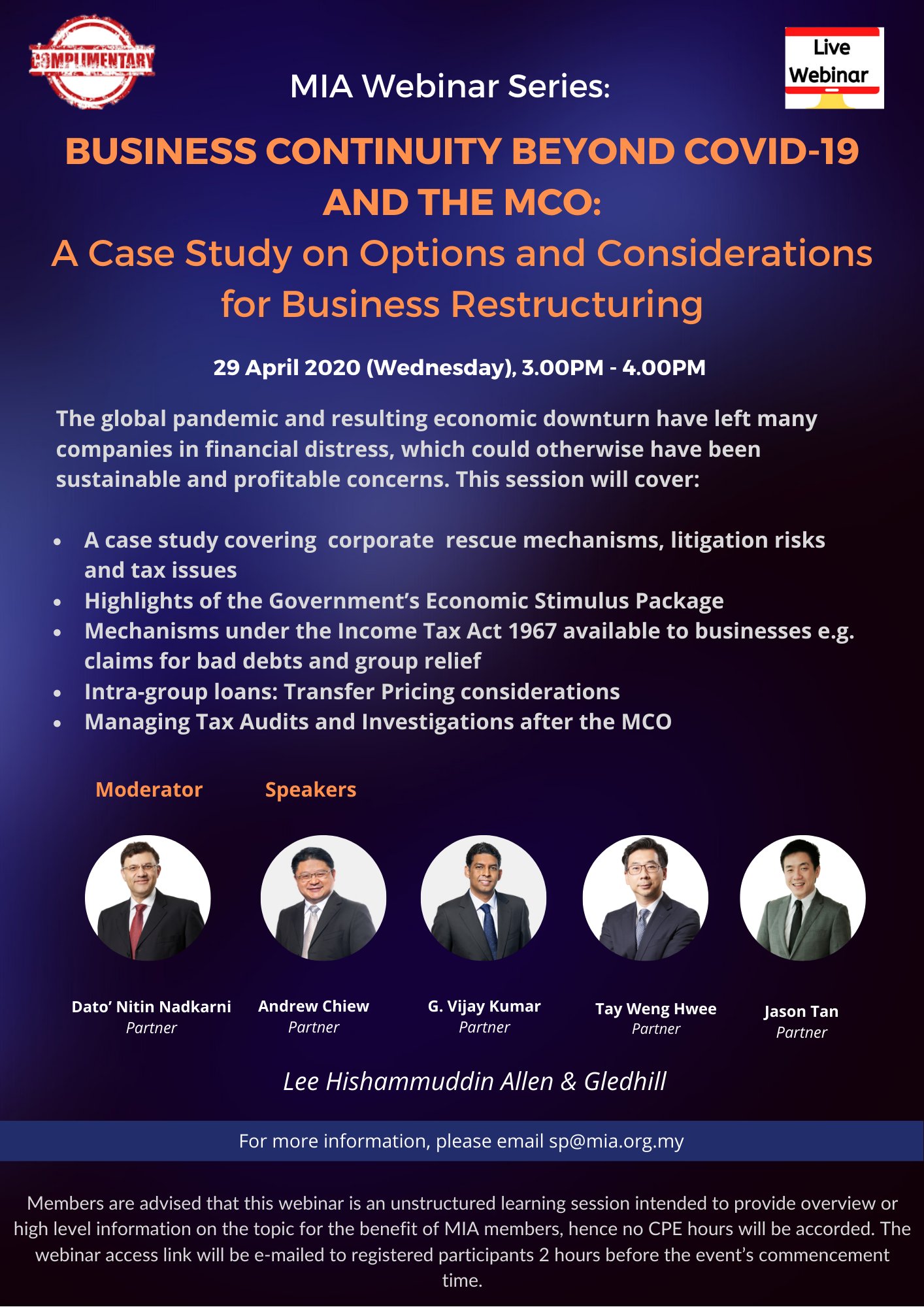 Mia On Twitter Mia S Next Complimentary Webinar Will Be On Business Continuity Beyond Covid 19 And The Mco A Case Study On Options And Considerations For Business Restructuring Happening 29 April From 3 4pm