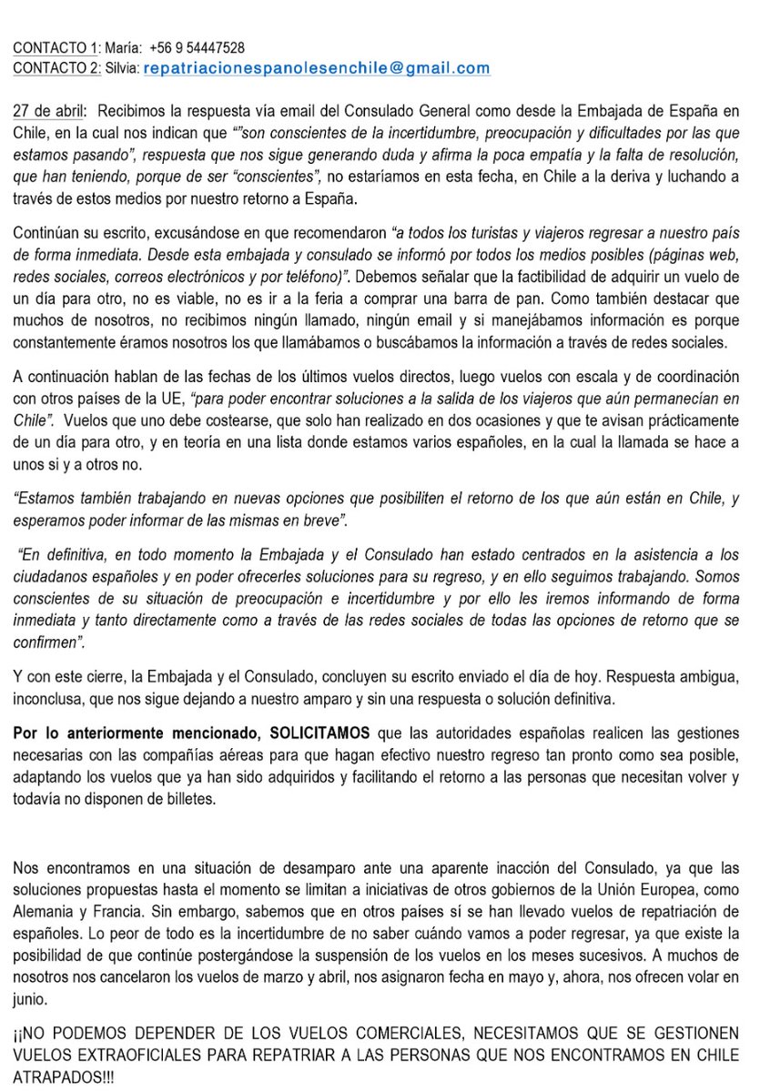 repatriaciones2's tweet photo. Comunicado núm. 2 actualizado a 27 de abril. No.... no somos un número y queremos volver a España. https://t.co/8kny9L0udD