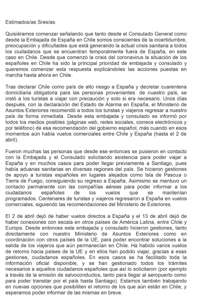 repatriaciones2's tweet photo. Respuesta que nos da a fecha 27 de abril la @EmbEspanaChile  y el Consulado de España en Chile. https://t.co/DvchiZ0oj6