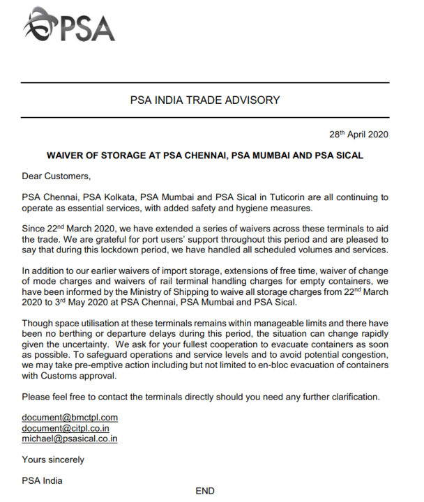 We are continuing to support the trade with storage waivers  but we still urge port users to try to collect containers as soon as possible to reduce the risk of terminal congestion