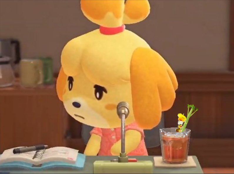 jayarebee's tweet image. I’ve been pretending Isabelle’s drink in the cutscene with the daily announcements is a Bloody Mary so I added the proper accouterment~~ 

#acnh #animalcrossing