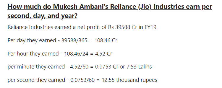 How much Reliance earns in a year, a month, a day, a minute, and a second?Here are some numbers I crunched -