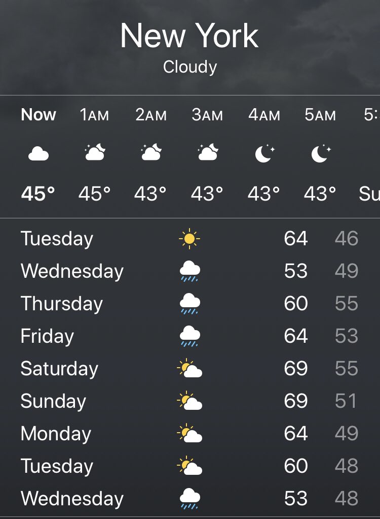 The first Tuesday on this chart is April 28th. Next Tuesday is May 5th. The weather in NYC is more important than the daily Cuomo charts. Better weather means the masses step out and some of them pop off too. It’s not a full sunny week ahead but temps are rising.