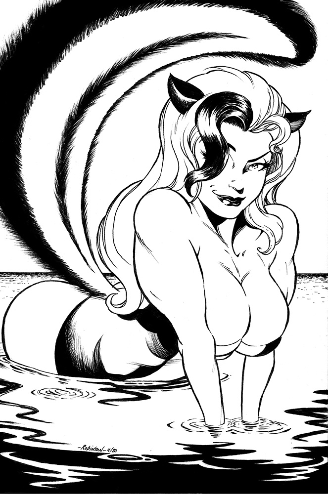 JRobinzson's tweet photo. My rendering of THE UNBREATHABLE SKUNK-GIRL, for her creator, @press_dog! 🙂Hope I did her justice, Manny... I'll mail the original art out to you soon!

#TuesdayVibes #SkunkGirl #comics #IndieComics #pinup #pinupgirl #badgirl #badgirlsclub #inks #inking #PencilsUp #fanart #art https://t.co/90fFFEMmLK