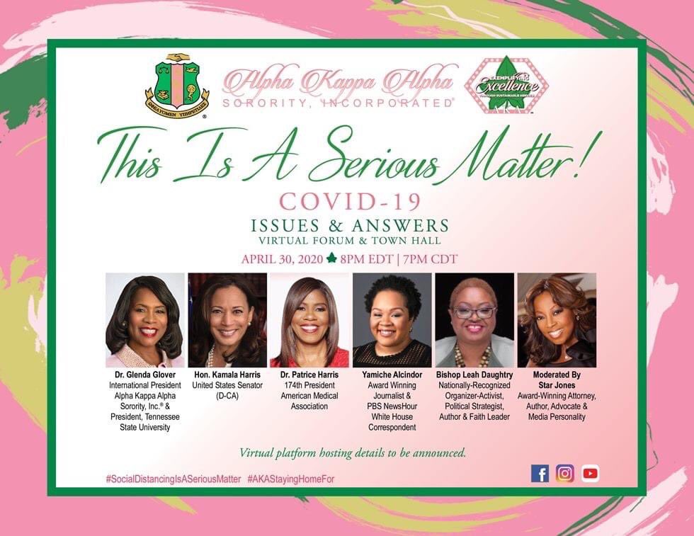 akasorority1908's tweet photo. We are pleased to announce the COVID-19 Virtual Town Hall on Thursday, April 30 at 8:00 p.m. EDT. Members are asked to submit questions by clicking on the emailed link. Your questions must be submitted by no later than 5:00 p.m. EDT on Tuesday, April 28. https://t.co/9Q5qtgKS7n