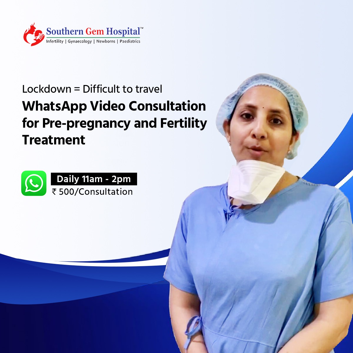 Whatsapp Video Consultation for Pre-pregnancy & Infertility by Dr Sweta Agarwal, Southern Gem Hospital, Hyderabad 

Book your slot here bit.ly/gynaec-smo or call 040 66585555
Time: 12pm-2pm Mon-Sat
Fee: Rs. 500/-
UPI: SOUTHERNGEMHOSPITAL.42081937@HDFCBANK 
#Covid19