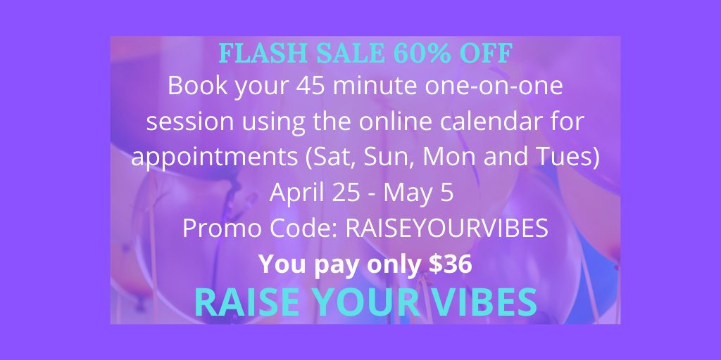 FLASH SALE 60% OFF- You pay only $36
Book your 45 minute one-on-one session using the online calendar for appointments (Sat, Sun, Mon and Tues) from April 25 - May 5
PromoCode: RAISEYOURVIBES
addictedtomiracles.com/raiseyourvibes
#BodyCode #EmotionCode #Balancingbynumbers #ease #joy #healing