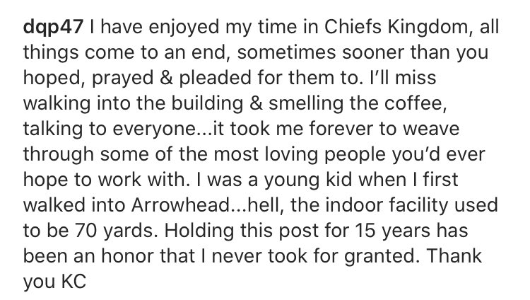 HaroldRKuntz3's tweet photo. Dustin Colquitt just posted this on Instagram. This may be it after 15 years in a #Chiefs uniform and countless efforts to help in the KC community. 

“Been an honor that I never took for granted. Thank You KC.” https://t.co/MJDno5wacO