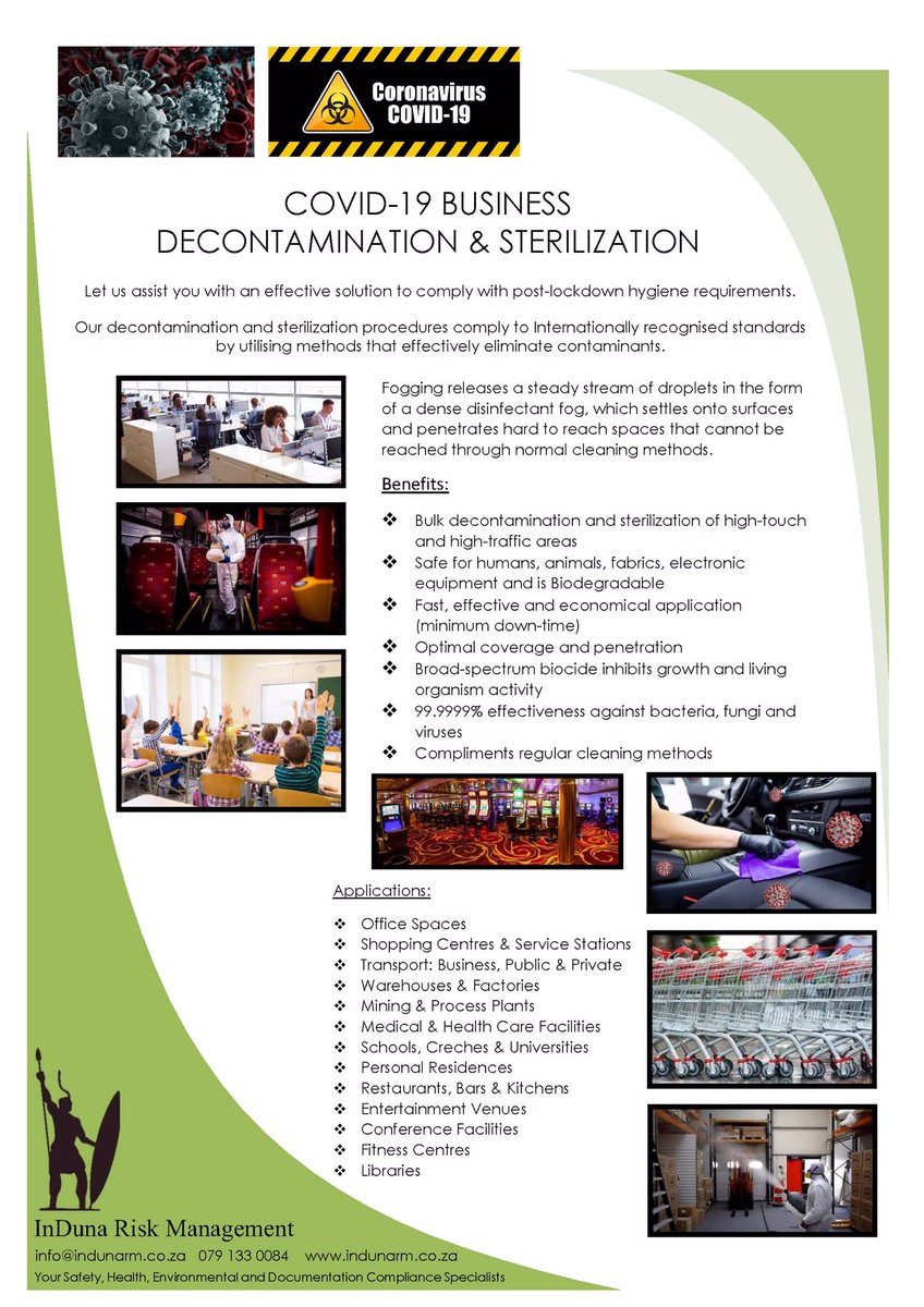 IndunaRM's tweet photo. COVID-19 Decontamination &amp; Sterilization Services.

We have aligned our services to include innovative technologies and tested biodegradable chemicals, to ensure a safe and healthy working environment for all.

Contact us for more information info@indunarm.co.za

Stay Safe! https://t.co/BF1dl9bmvY