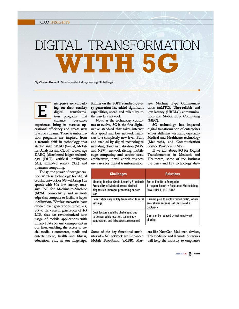GlobalLogic_IN's tweet image. @GlobalLogic_IN&apos;s VP-Engineering, Vikram Puranik’s @CIOReview_India exclusive on how #5G will enable digital technologies including #cloudvirtualization, #networkslicing, #mobileedge computing and more to enrich business cases for transformation, especially in #medtech &amp;amp; #CSP