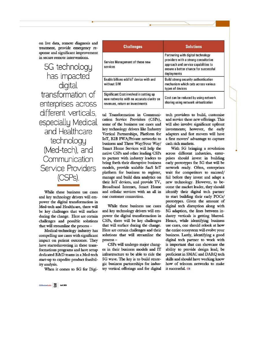 GlobalLogic_IN's tweet image. @GlobalLogic_IN&apos;s VP-Engineering, Vikram Puranik’s @CIOReview_India exclusive on how #5G will enable digital technologies including #cloudvirtualization, #networkslicing, #mobileedge computing and more to enrich business cases for transformation, especially in #medtech &amp;amp; #CSP