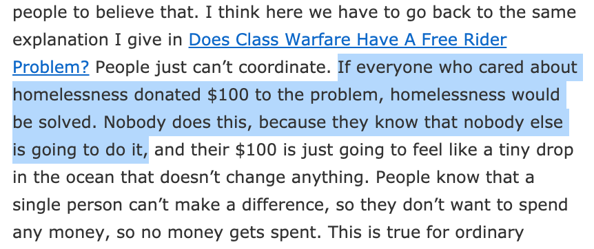 If everyone who cared about homelessness donated $100 to the problem, homelessness would be solved. Nobody does this, because they know that nobody else is going to do it