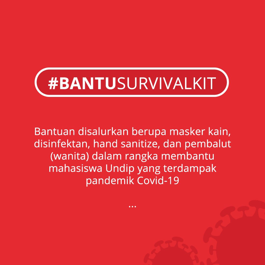 bantusurvkit's tweet photo. [WHO ARE WE?]

#BantuSurvivalKit merupakan salah satu bagian dari #BantuKawan yg bertujuan untuk membantu kawan mahasiswa terdampak Covid-19 dgn menyalurkan donasi berupa vitamin, masker kain, disinfektan, handsanitizer, dan pembalut (bagi wanita).

#CommUndip https://t.co/tfhDKAIiwu