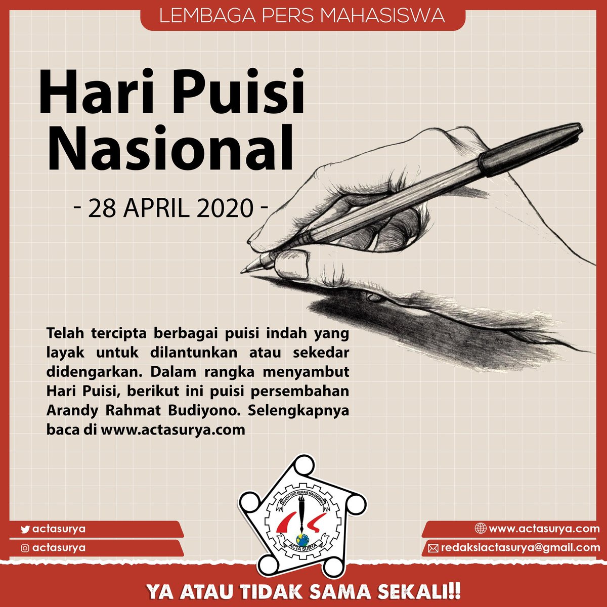 actasurya's tweet photo. [Selamat Hari Puisi Nasional]
Dalam rangka menyambut Hari Puisi, berikut ini puisi persembahan Arandy Rahmat Budiyono.
https://t.co/0PVZenWdFW

#persma
#persmahasiswa
#actasurya
#puisi
#HariPuisiNasional
#COVID19indonesia https://t.co/0pF4XMeTg9
