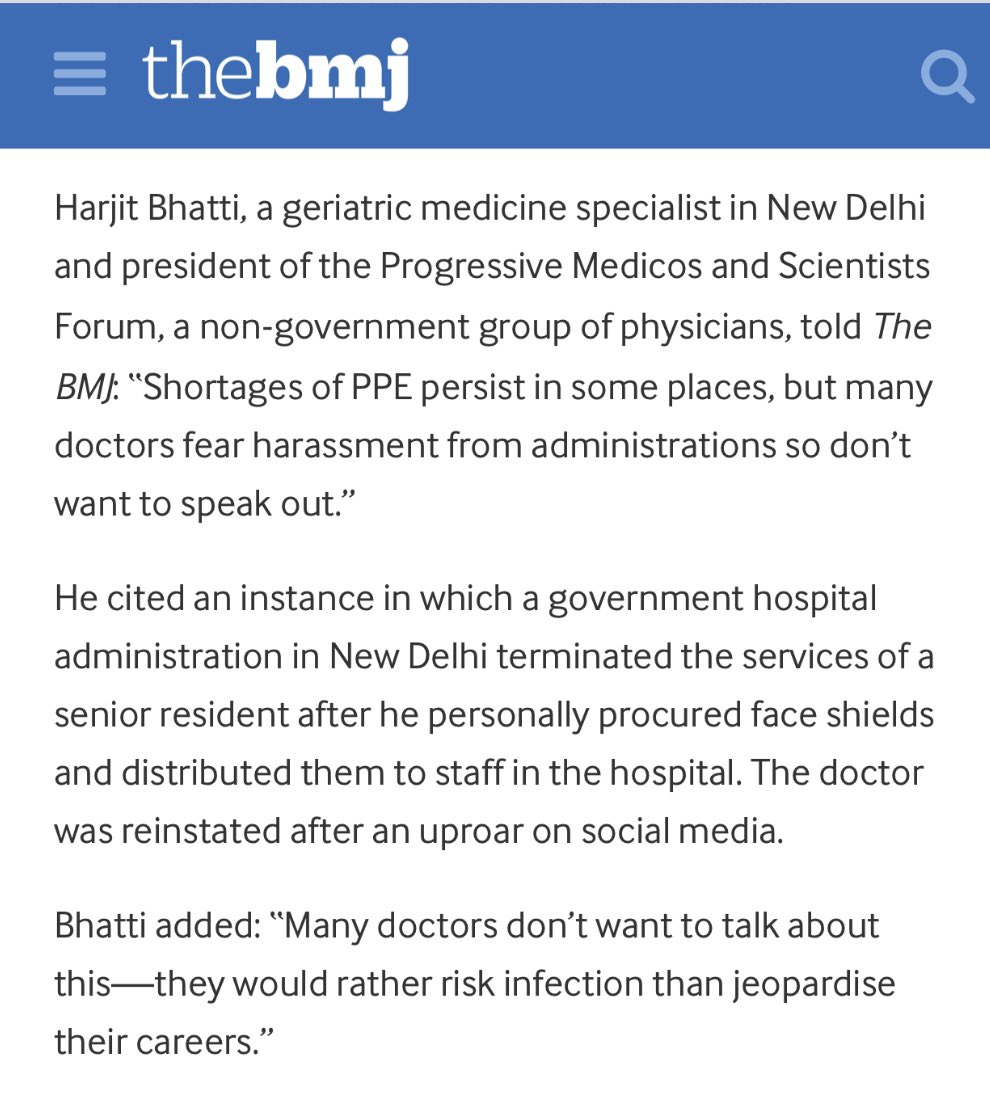 DrHarjitBhatti's tweet image. In The British Medical Journal @bmj_latest raised the issue of lack of PPEs &amp;amp; the gagging of healthcare workers for raising voice. 
There is huge spurt of healthcare workers getting infected with the #COVID19 they need to be protected #DocsNeedGear 
bmj.com/content/369/bm…