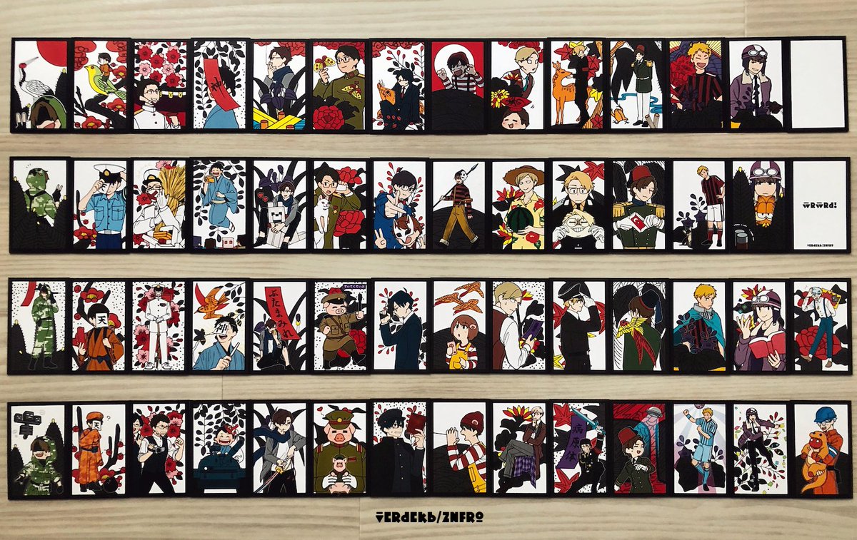 Verdekb's tweet photo. すべてプリントして札を作るとこんな感じ。
見てよし・作ってよし・遊んでよし！三拍子揃った我々花札をプリントして、家で遊ぶという選択肢もあるぞ b·´-·`) https://t.co/S0vLbzUGCI