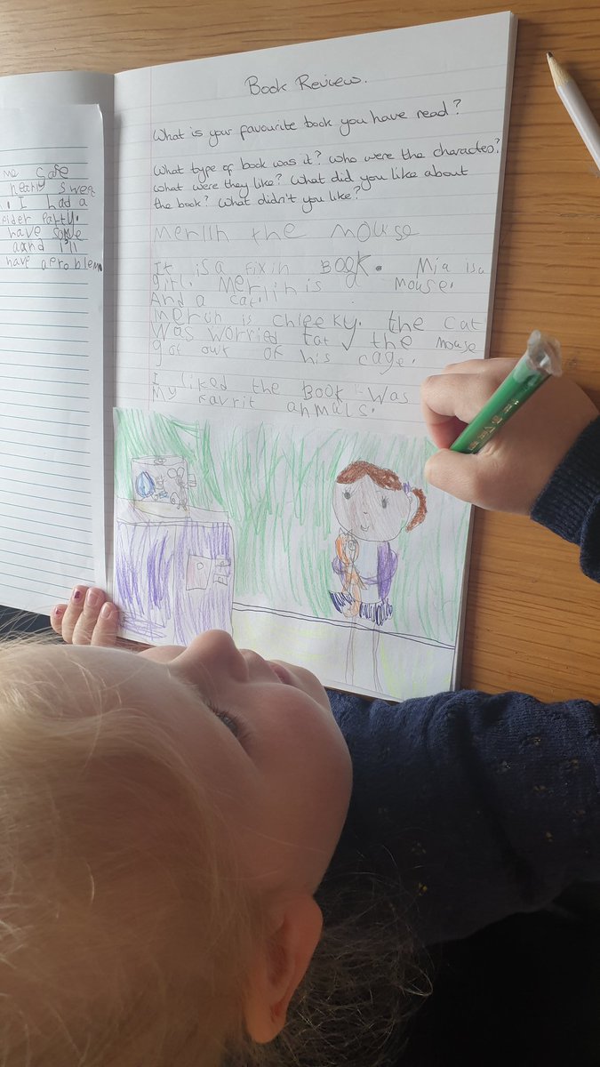 Sarah93258065's tweet photo. Mia (yr1) writing a book review about 'Merlin the Mouse' which she read to me last week. @RomanHillSchool https://t.co/rLsmit1PTE