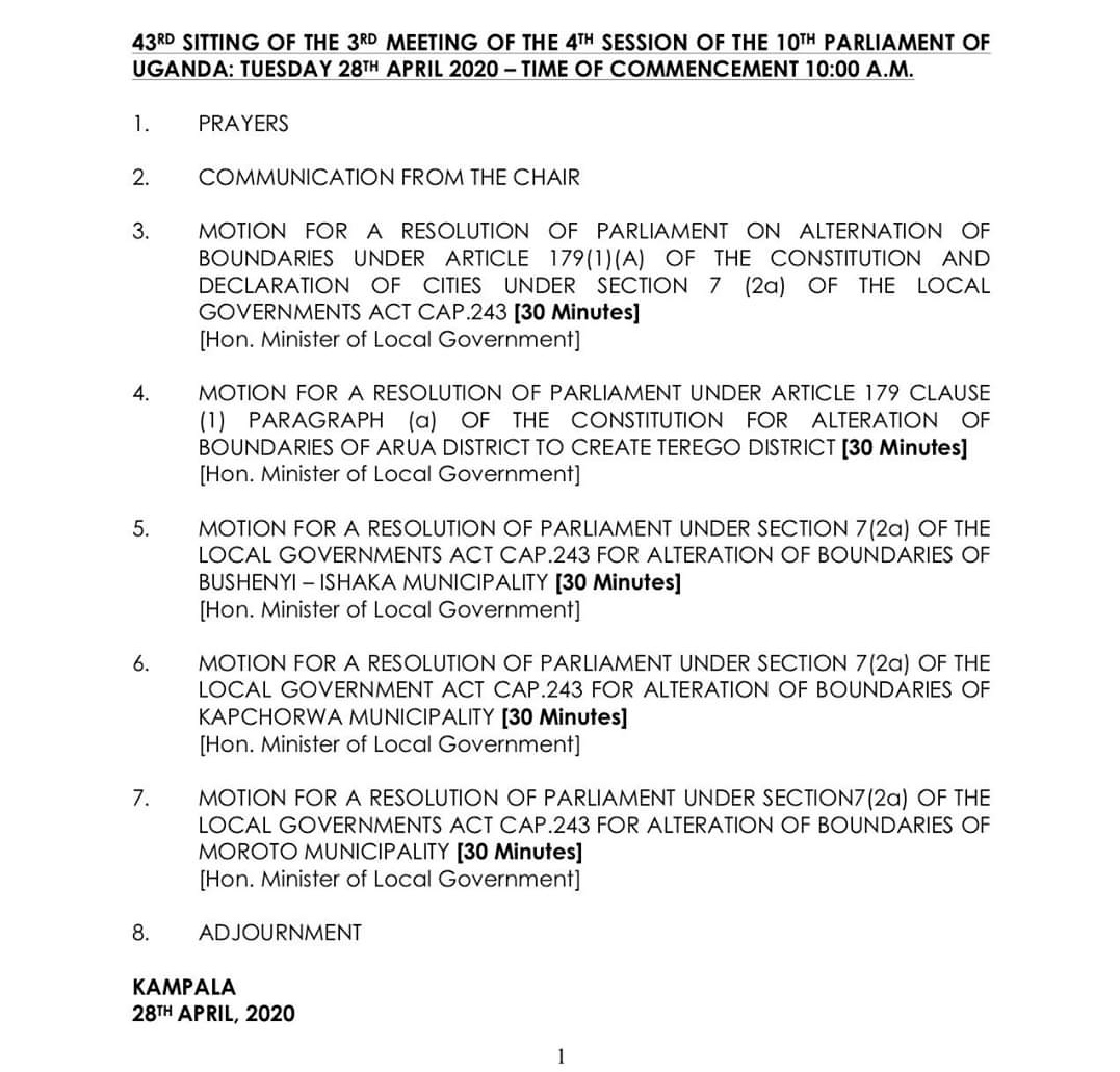 In a moment, Parliament will sit to consider a motion for creation of Cities and Municipalities. Please find herein the Order Paper. You may also follow the debate live on UBC TV and on our social media pages.
<a href="/RebeccaKadagaUG/">Rebecca Alitwala Kadaga</a> 
<a href="/mofpedU/">Ministry of Finance</a> 
<a href="/GeorgeAsiimwe/">George Asiimwe</a>