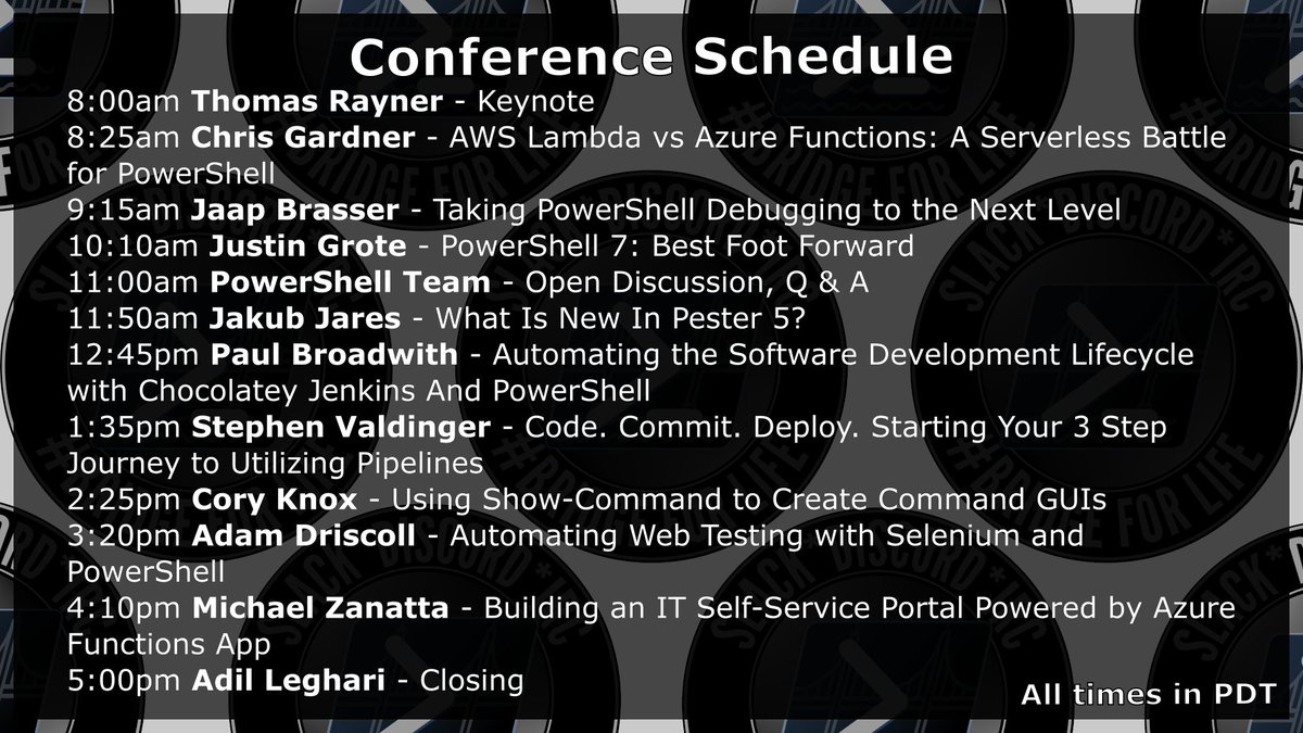 adilio's tweet image. Just check out this lineup of #PowerShell Heavy Hitters for #BridgeConf! Super pumped to be part of this Community!
Thursday, 8AM-5PM PDT. Be there! 💯