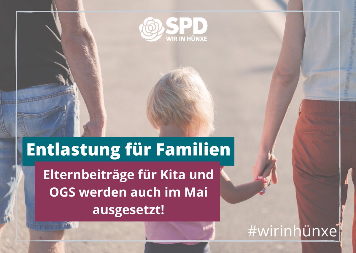 Liebe Eltern, gute Neuigkeiten aus Düsseldorf und dem Kreis: Auch im Mai werden die #Elternbeiträge für KITA und OGS ausgesetzt. 
Gerade jetzt ist es wichtig, Euch zu entlasten!

#wirinhünxe #anpacken #machenwir #hünxe
