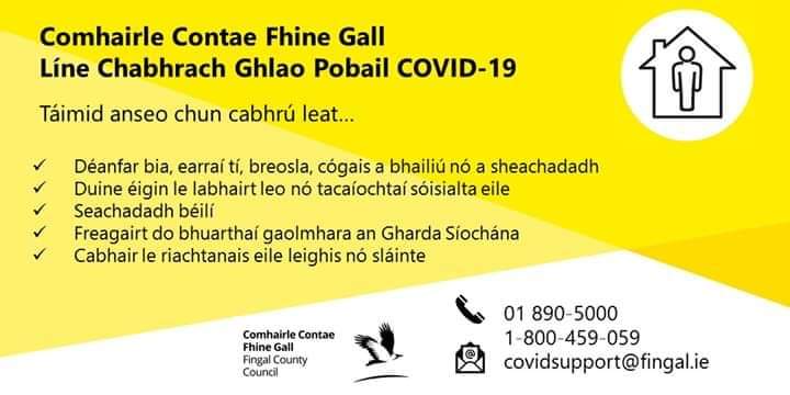 Need a grocery order collected or prescription picked up?  Feeling vulnerable &amp; isolated?  Or just want to talk. We're here to help. 
#FingalCommunityResponse - Call us any day 8am to 8pm 
Freephone: 1-800-459 059
Phone: (01) 890 5000
Email: covidsupport@fingal #Communityresponse