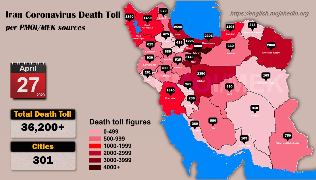  #Iran   #statistics oficial  #boxscore vs reality #statisque  #BREAKING  #coronavirus  #pandemia  #COVID19 5K  vs 36K reported by the MEK  #COVID  https://english.mojahedin.org/i/iran-coronavirus-news-36200-deaths-20200427