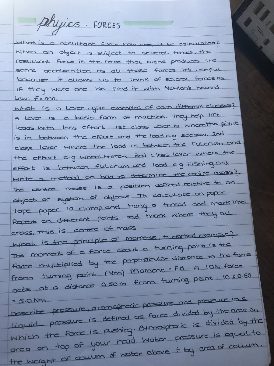 Would you look at this beautifully presented physics work answering the set questions by Mrs G.