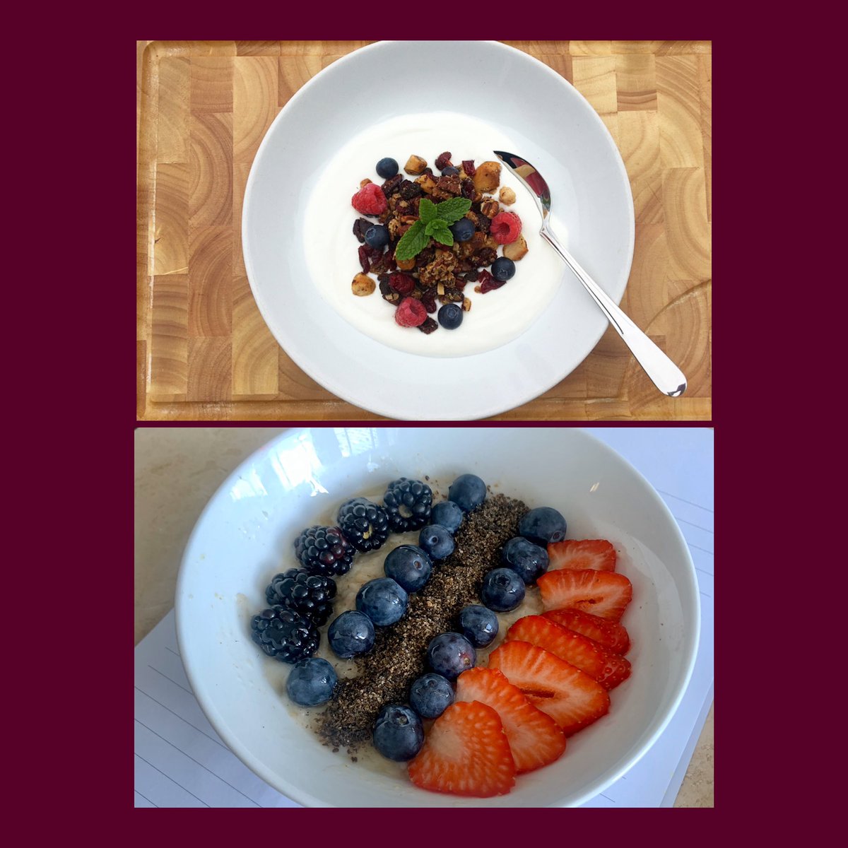 Breakfast of Champions- Homemade Pecan and Brazil Nut Granola v Power Porridge of Chia Seeds and Berries? #HomeCookoff #WorkWell20 #InspireAndExcite