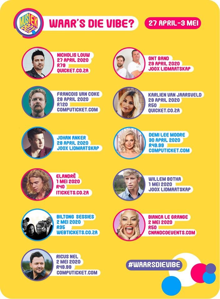 <a href="/MusiekBoxTV/">MusiekBox</a> wys vir jou elke week waar jy na jou gunsteling kunstenaars aanlyn kan kyk met #waarsdievibe. Watter 'konsert' woon jy hierdie week by?

facebook.com/11018402714917…