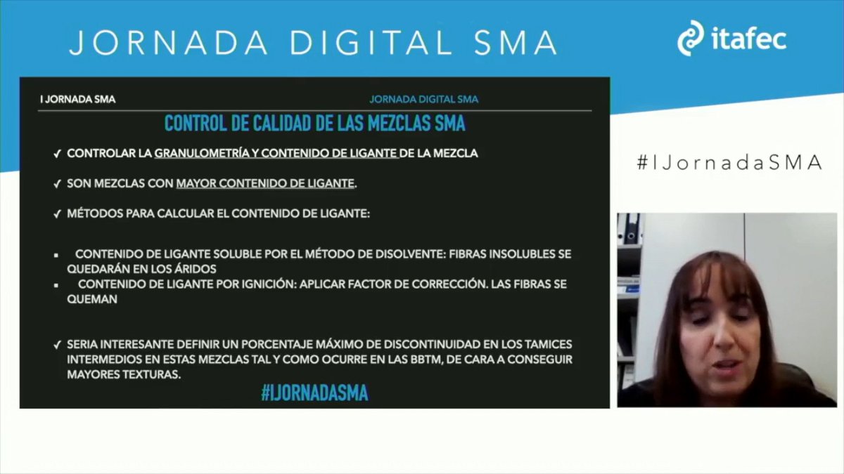 BardasaGen's tweet photo. #IJornadaSMA @Esthertomas81 va a dar ahora algunas ideas sobre el control de calidad de las mezclas SMA. Es muy importante el control de granulometría y contenido de ligante. Tener en cuenta lo que pasa con las fibras, según el método empleado. https://t.co/lBWyuUY1xa