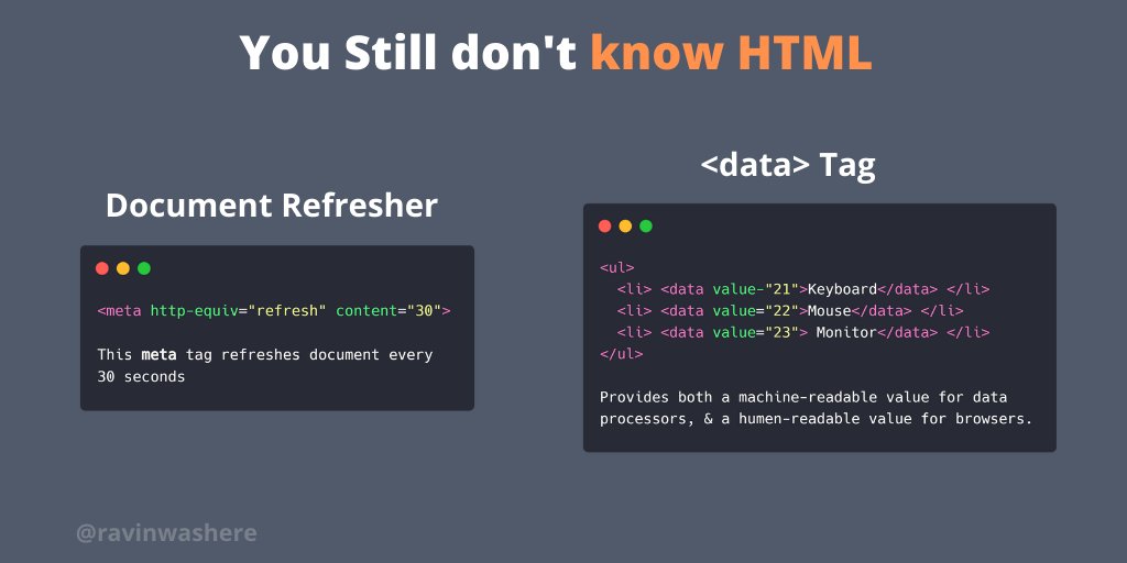 ravinwashere's tweet image. Some handy #HTML tips to make things easier!

#100DaysOfCode #freeCodeCamp