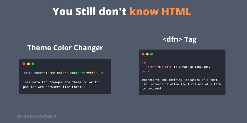 ravinwashere's tweet image. Some handy #HTML tips to make things easier!

#100DaysOfCode #freeCodeCamp