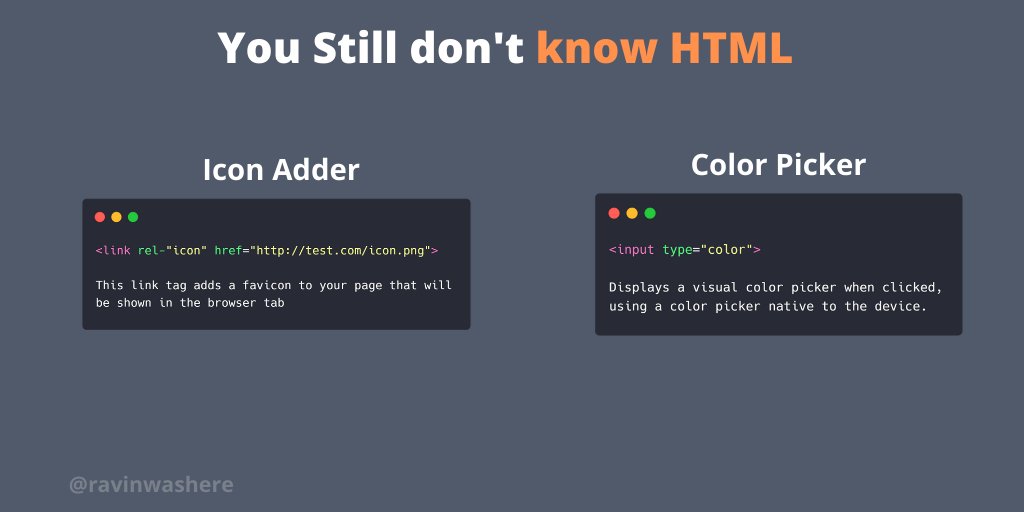 ravinwashere's tweet image. Some handy #HTML tips to make things easier!

#100DaysOfCode #freeCodeCamp