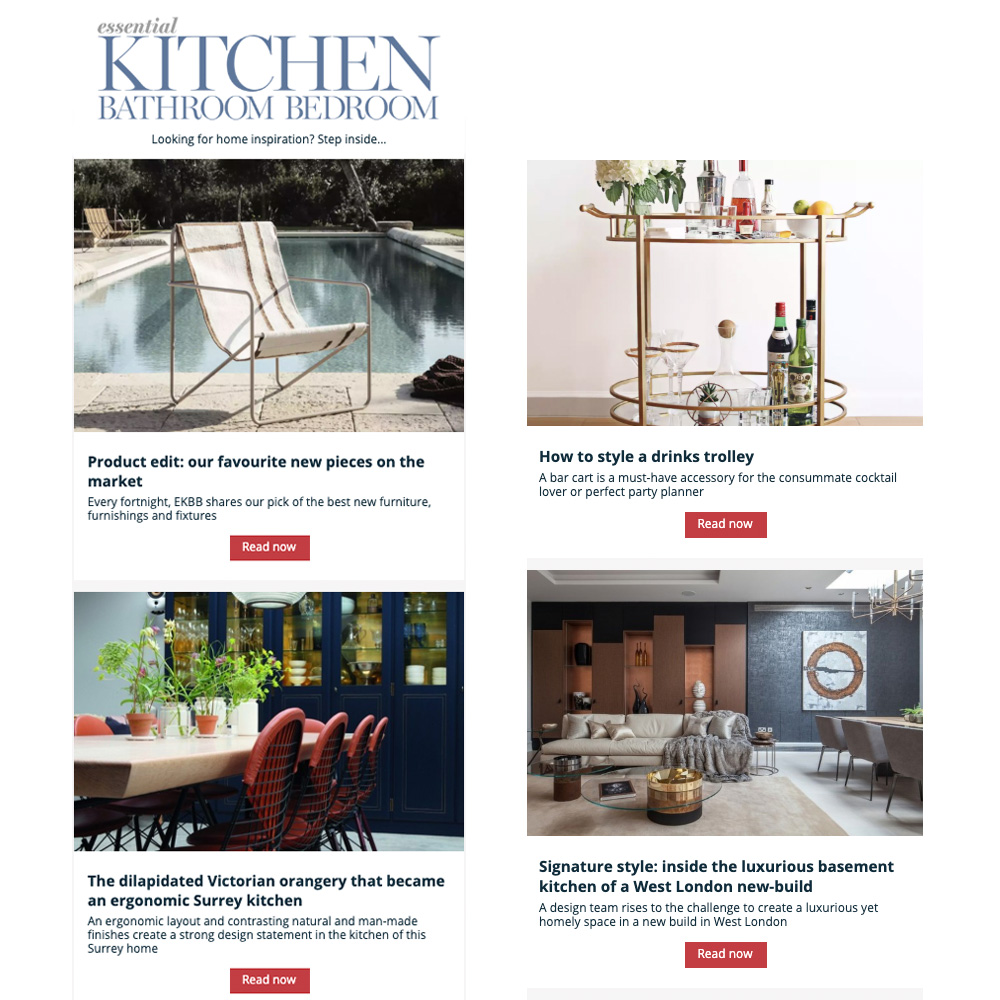 Do you love seeing inside designer kitchens and bathrooms? How about expert advice from architects, designers and stylists? If so, the Essential Kitchen Bathroom and Bedroom newsletter is for you! Just click here to sign up: ekbbmagazine.co.uk/register