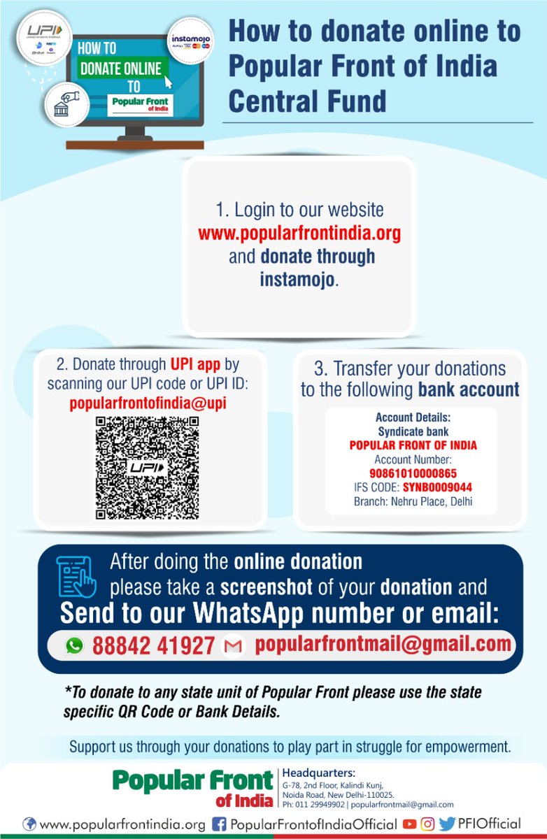 PFIOfficial's tweet photo. How to donate online to Popular Front of India Central Fund
#Donate_us https://t.co/j6PrNMRyY7