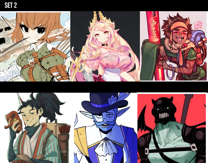 Thank you everyone who volunteered their characters for this.

There were so many good ones I've actually decided to do a second set with my other go-to character.

I grouped them together based on aesthetic themeing. 