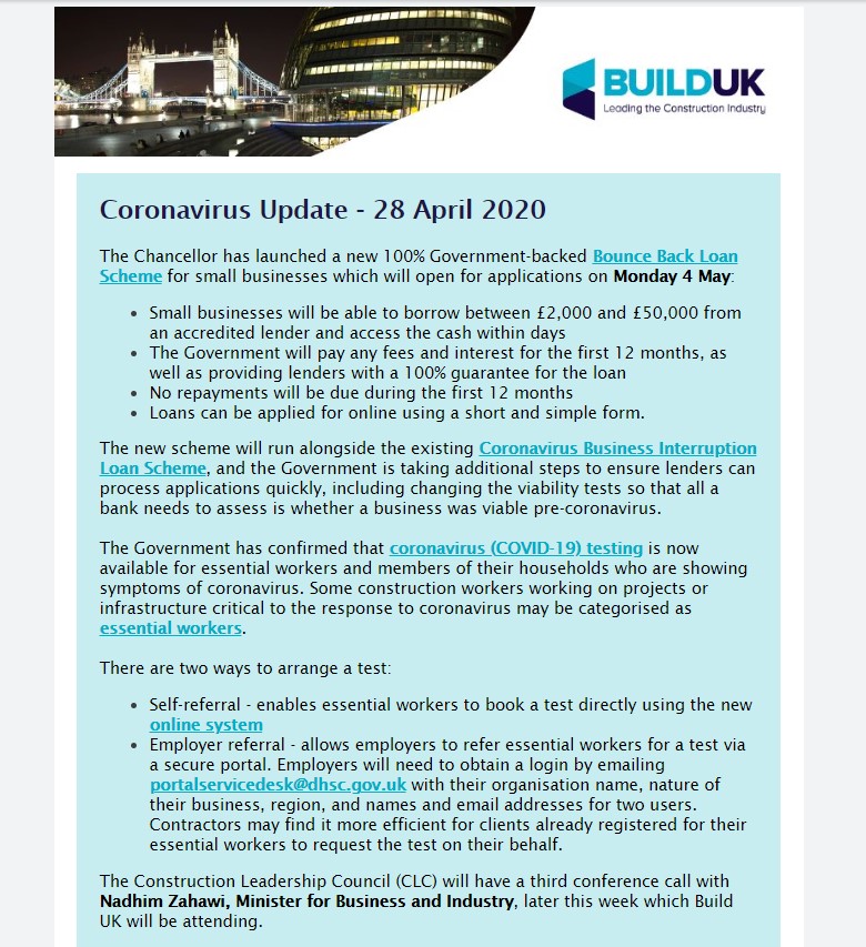 Our latest daily statement is now available, which contains information on the Government's Bounce Back Loan Scheme, as well as industry's ongoing discussions with Nadhim Zahawi, Minister for Business and Industry.

Read the full statement below:

builduk.org/wp-content/upl…