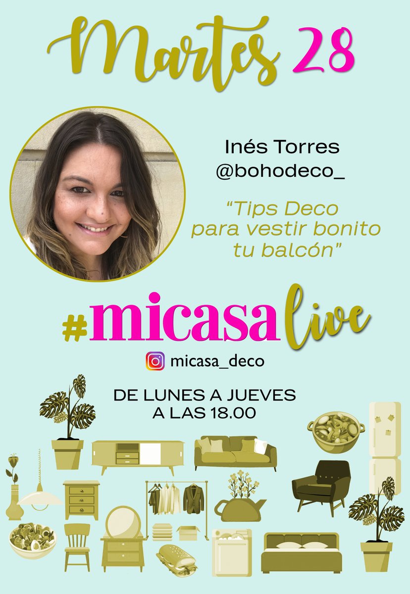 Revista MiCasa (@micasarevista) on Twitter photo En el directo de hoy (18:00 h.):
"Tips deco para vestir bonitos tu balcón"
👉🏻 Inés Torres de <a href="/IneBohoDecoChic/">Boho Deco - Inés</a>
👉🏻 instagram.com/micasa_deco/
#MicasaLive #DíasExtraordinarios #YoMeQuedoEnCasa En el directo de hoy (18:00 h.):
"Tips deco para vestir bonitos tu balcón"
👉🏻 Inés Torres de <a href="/IneBohoDecoChic/">Boho Deco - Inés</a>
👉🏻 instagram.com/micasa_deco/
#MicasaLive #DíasExtraordinarios #YoMeQuedoEnCasa