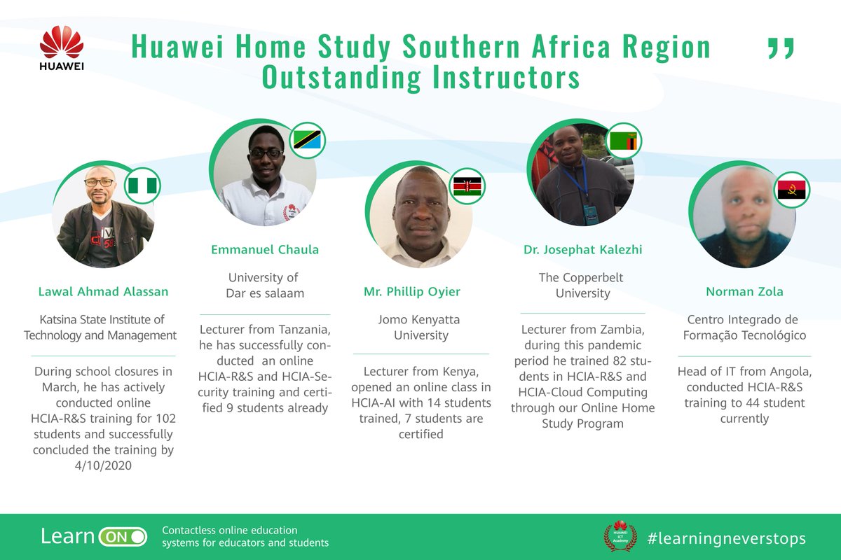 HuaweiSAR's tweet image. We would like to recognize the Outstanding Instructors from the #LearnOn project in the Southern African region, which we implemented during #COVID19 pandemic to let students #StayAtHome and study online e.huawei.com/en/talent/#/ho…