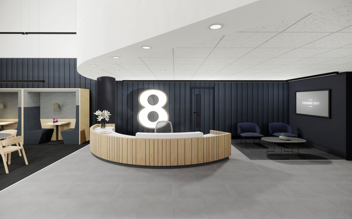 EQmanchester's tweet photo. We continue to invest in our office environment. Take a look at our inspiring new reception coming soon to Building 8 #makinganentrance #receptiongoals #EQmanchester #EQtop30 https://t.co/K3mciK53eR